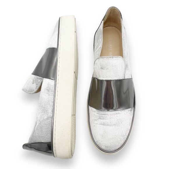 Stuart Weitzman Boyband Argento Velvet Platform Sneaker Silver Platinum Size 8 - Picture 2 of 16
